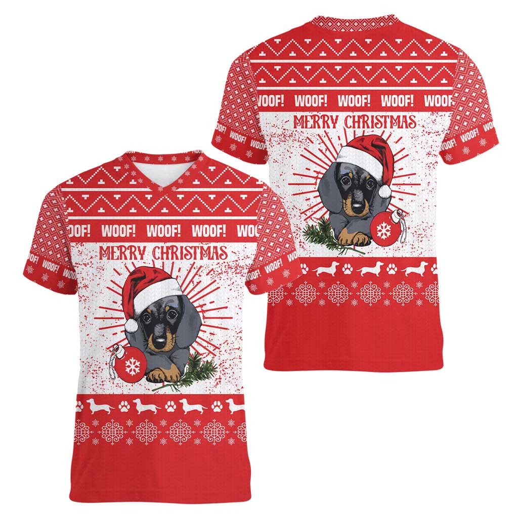 Christmas Dachshund Dog Women V-Neck T-Shirt Santa Hat Woof Snowflake Paw Design - Wonder Print Shop