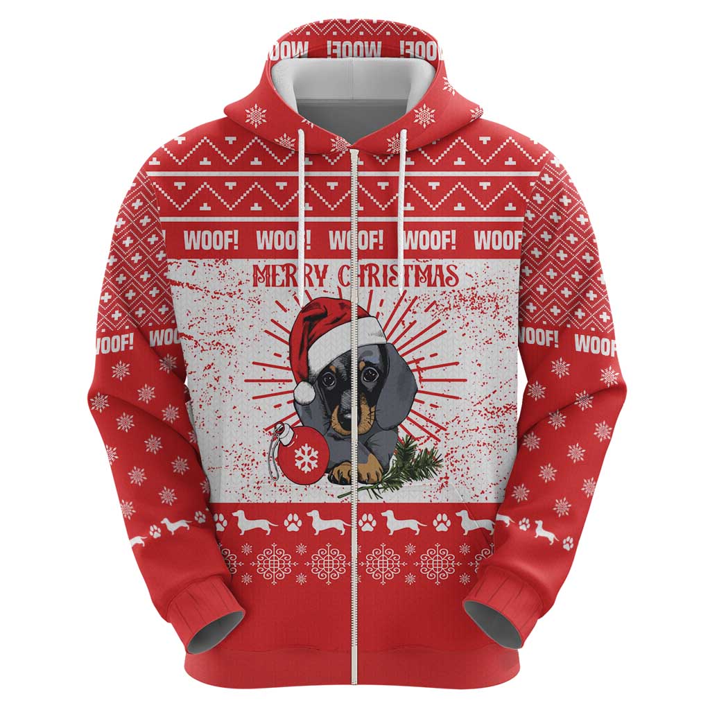 Christmas Dachshund Dog Zip Hoodie Santa Hat Woof Snowflake Paw Design - Wonder Print Shop