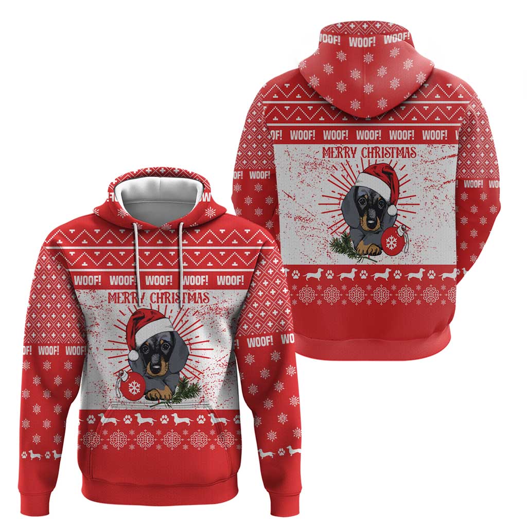Christmas Dachshund Dog Zip Hoodie Santa Hat Woof Snowflake Paw Design - Wonder Print Shop