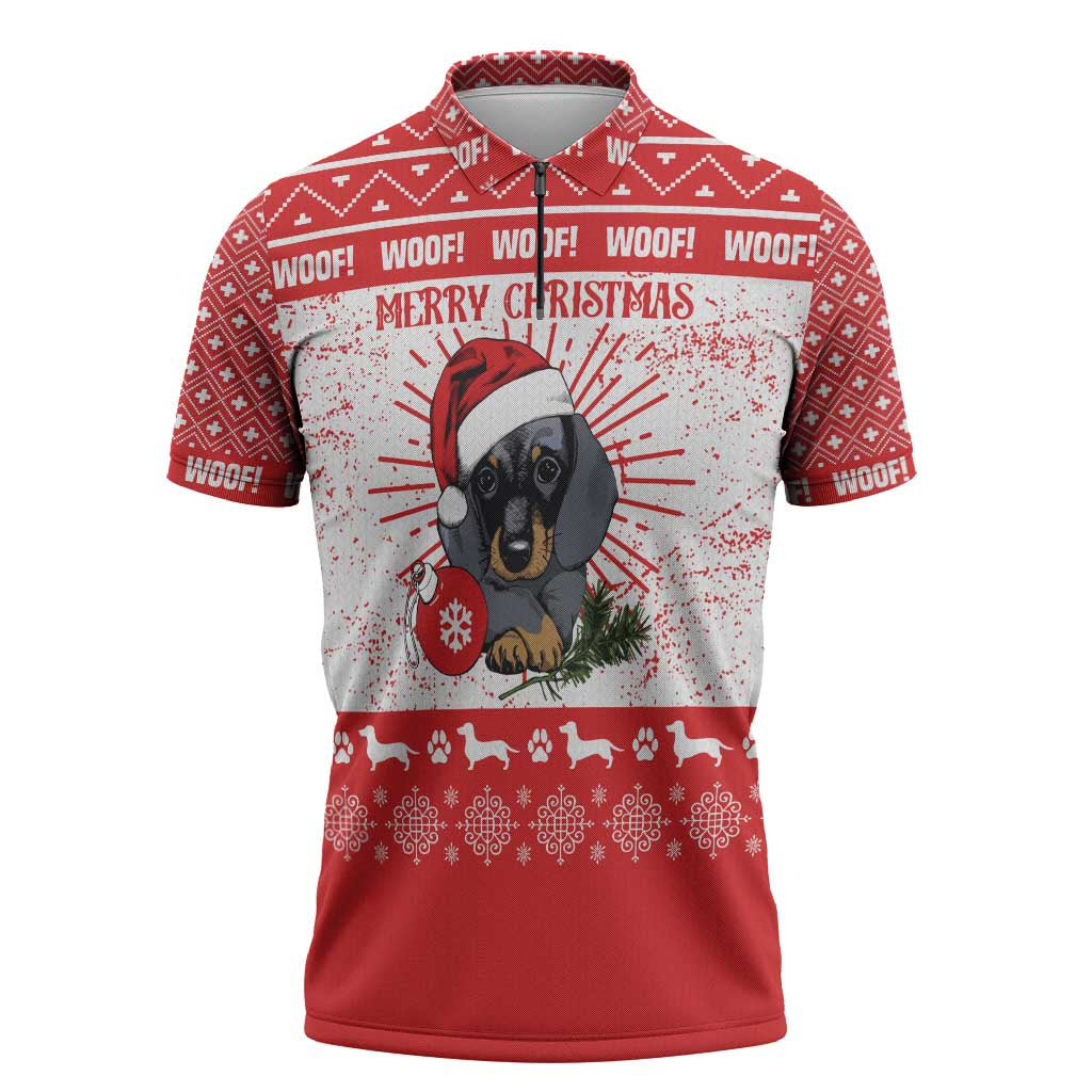 Christmas Dachshund Dog Zipper Polo Shirt Santa Hat Woof Snowflake Paw Design - Wonder Print Shop