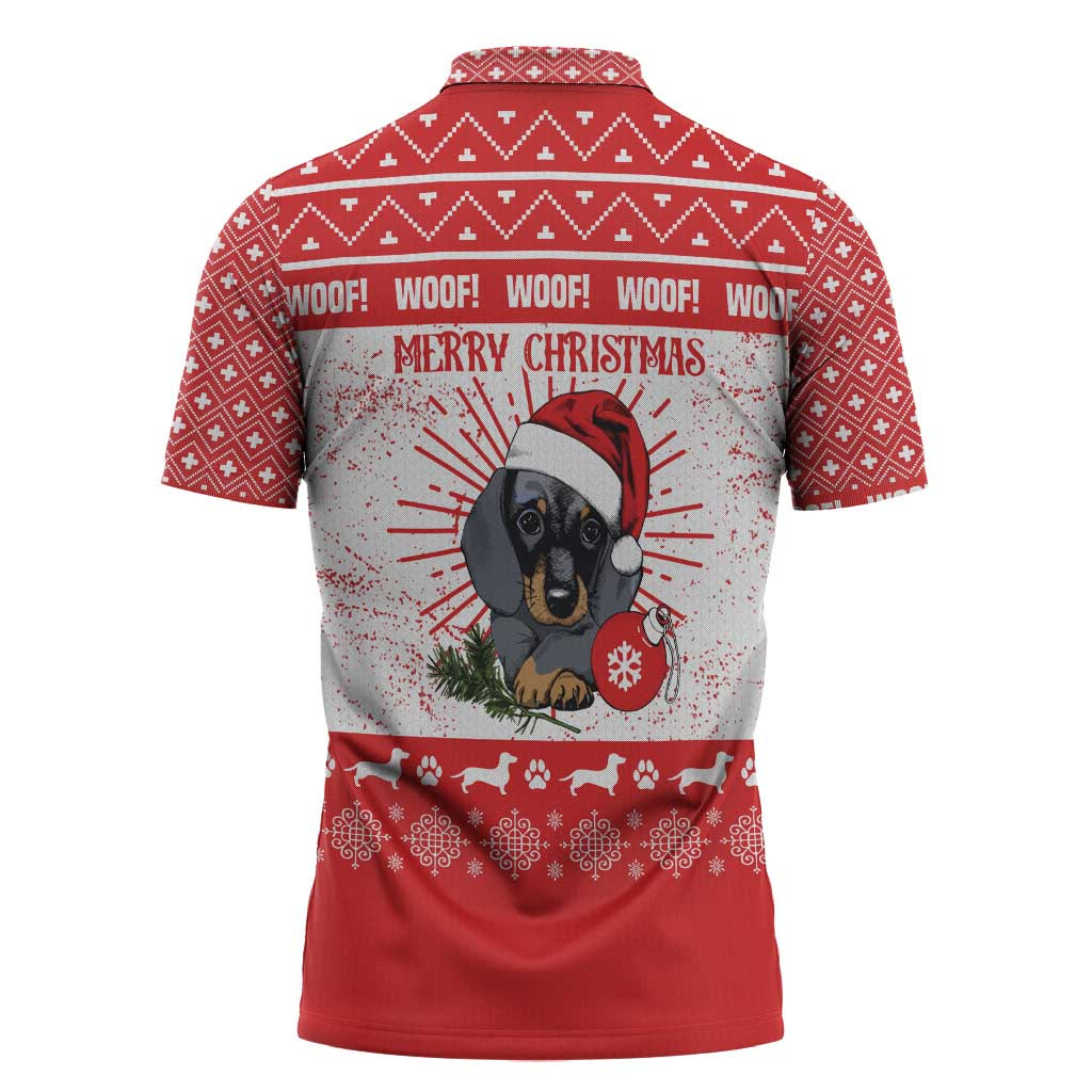 Christmas Dachshund Dog Zipper Polo Shirt Santa Hat Woof Snowflake Paw Design - Wonder Print Shop