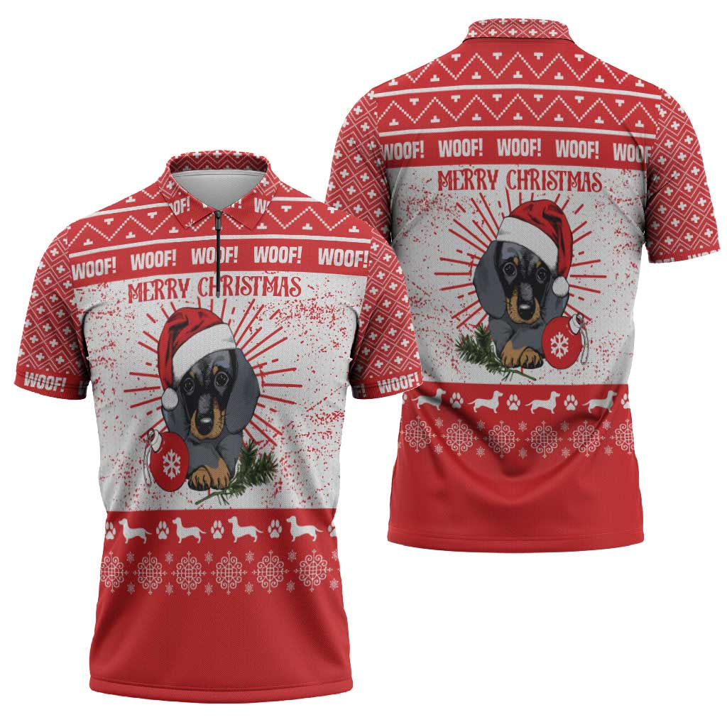 Christmas Dachshund Dog Zipper Polo Shirt Santa Hat Woof Snowflake Paw Design - Wonder Print Shop