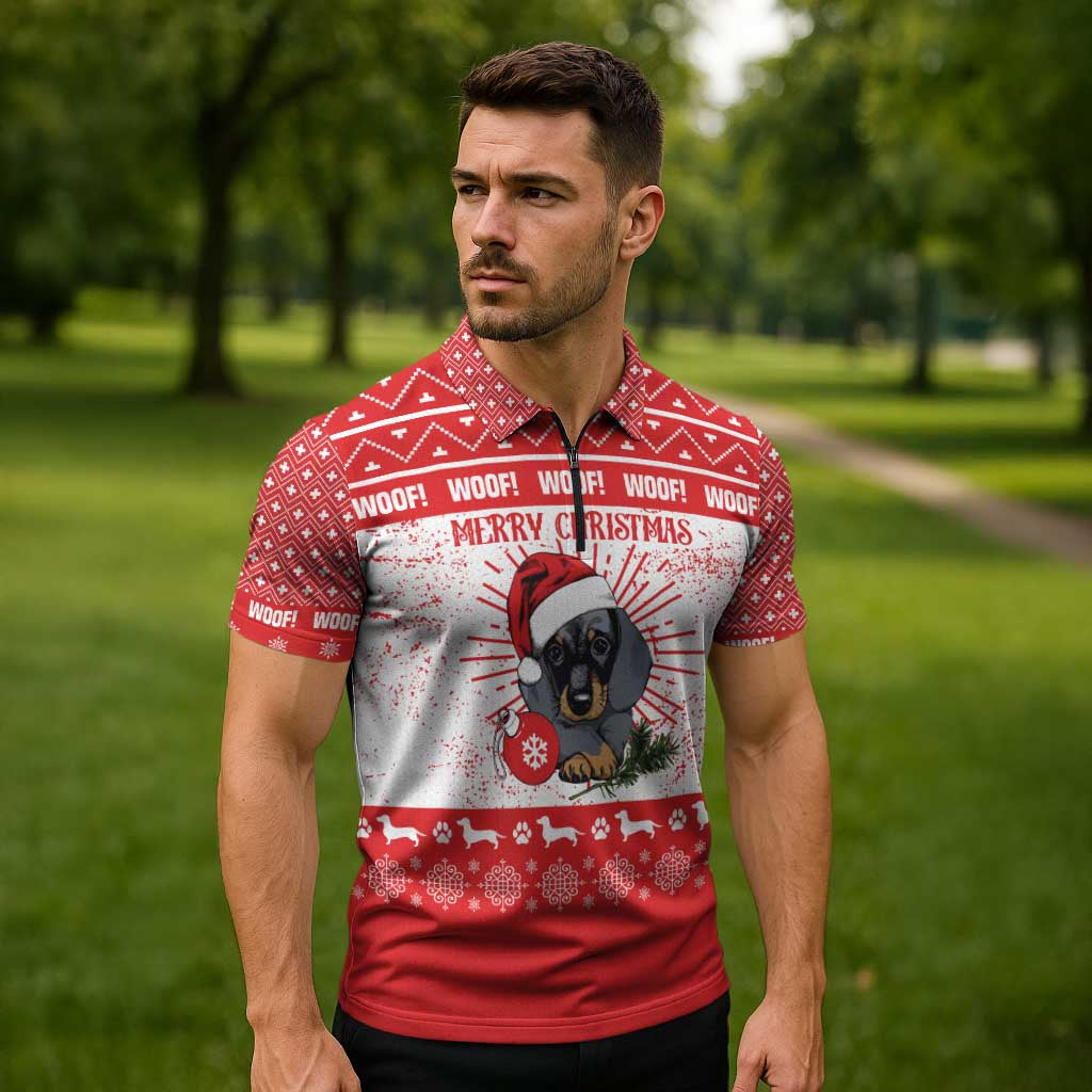 Christmas Dachshund Dog Zipper Polo Shirt Santa Hat Woof Snowflake Paw Design - Wonder Print Shop