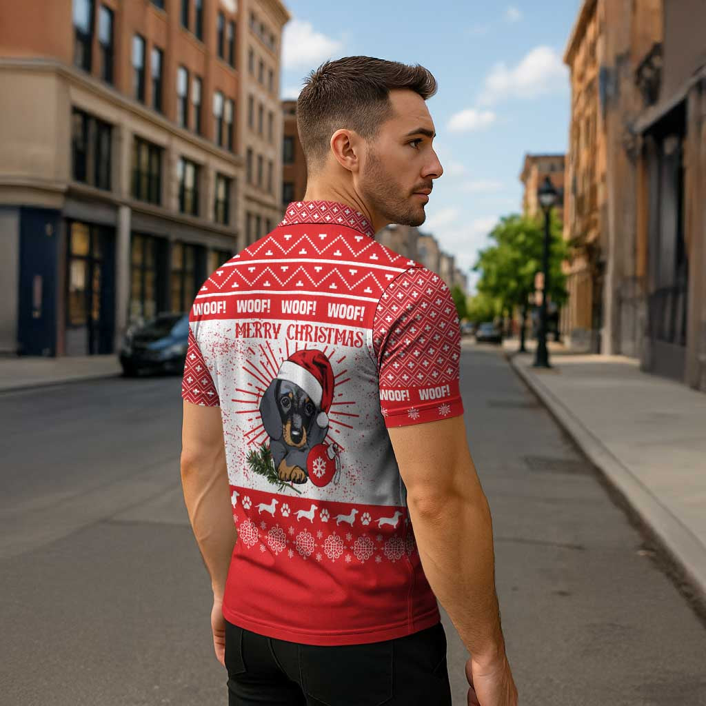 Christmas Dachshund Dog Zipper Polo Shirt Santa Hat Woof Snowflake Paw Design - Wonder Print Shop