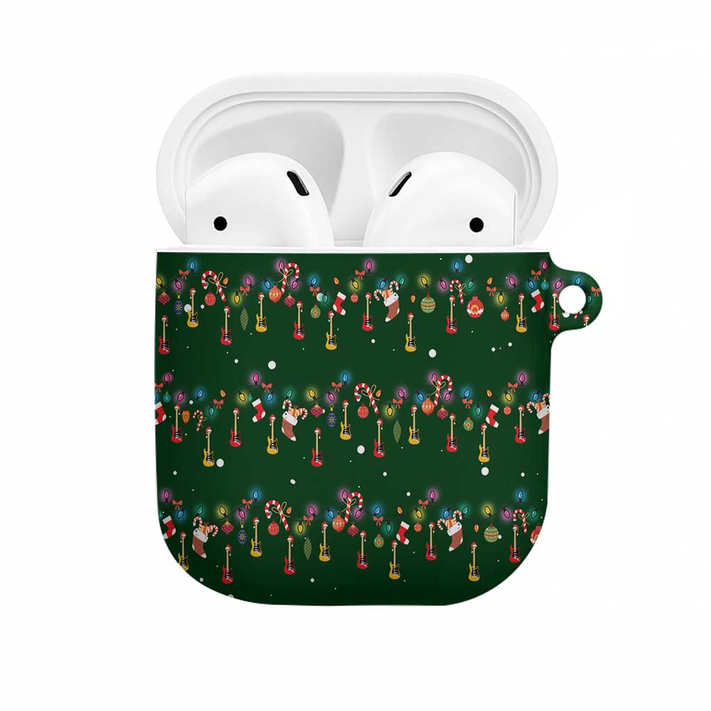 Ornaments on Green Snowy Background AirPods Case with Electric Guitars Santa Candy Canes - Wonder Print Shop