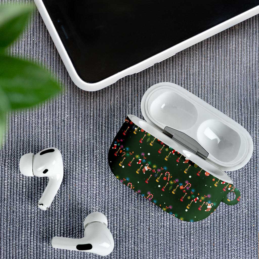 Ornaments on Green Snowy Background AirPods Case with Electric Guitars Santa Candy Canes - Wonder Print Shop
