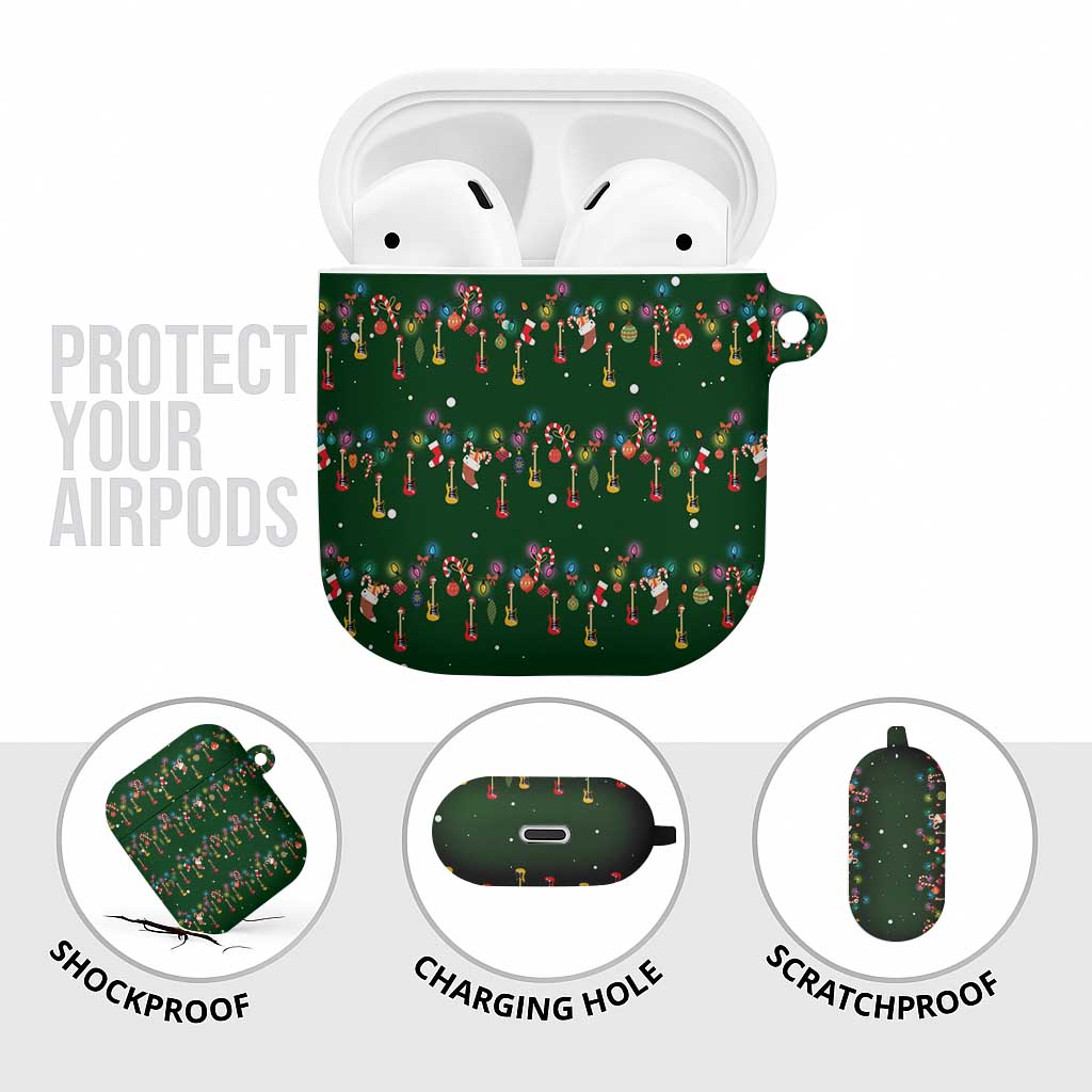 Ornaments on Green Snowy Background AirPods Case with Electric Guitars Santa Candy Canes - Wonder Print Shop