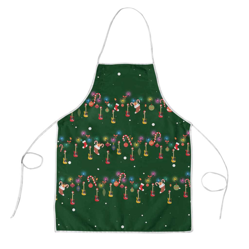 Ornaments on Green Snowy Background Apron with Electric Guitars Santa Candy Canes - Wonder Print Shop