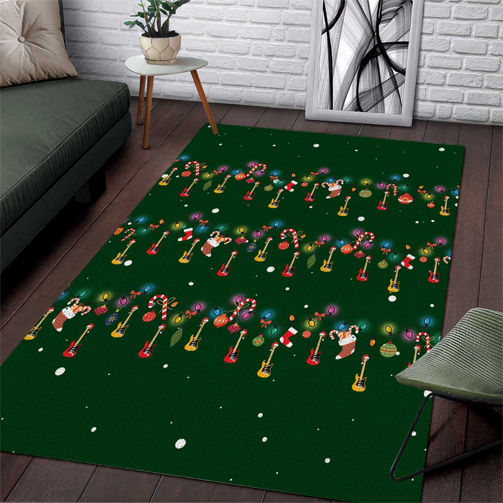 Ornaments on Green Snowy Background Area Rug with Electric Guitars Santa Candy Canes - Wonder Print Shop