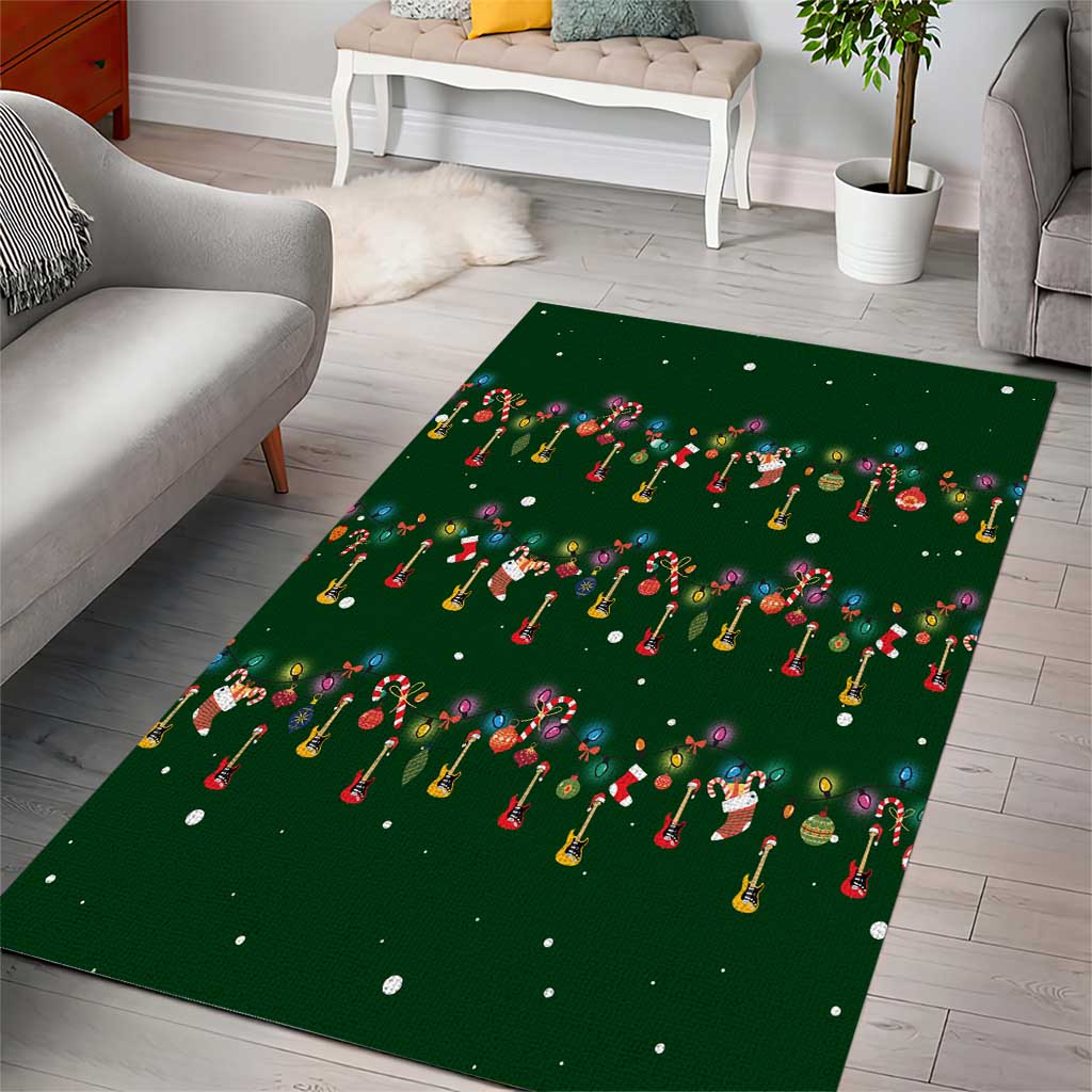 Ornaments on Green Snowy Background Area Rug with Electric Guitars Santa Candy Canes - Wonder Print Shop