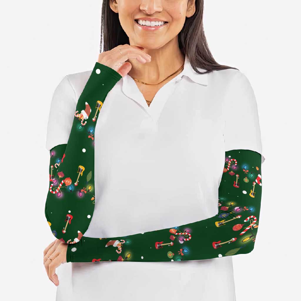 Ornaments on Green Snowy Background Arm Sleeves with Electric Guitars Santa Candy Canes - Wonder Print Shop