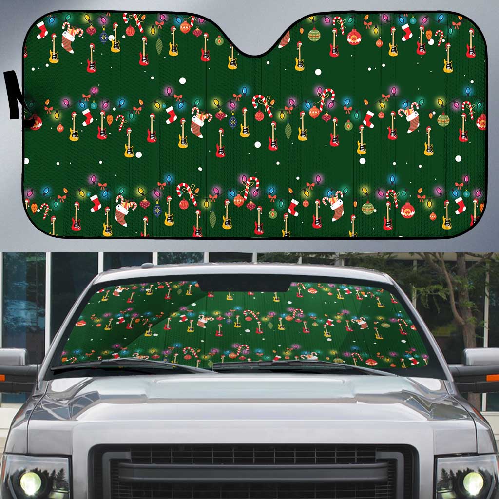Ornaments on Green Snowy Background Auto Sun Shade with Electric Guitars Santa Candy Canes - Wonder Print Shop