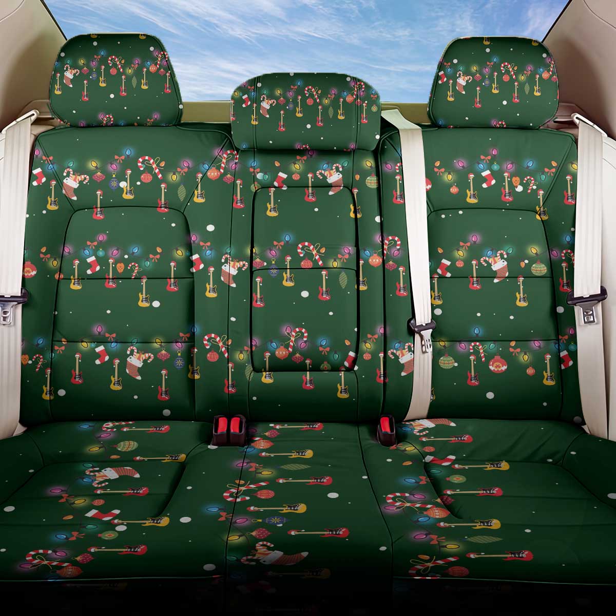 Ornaments on Green Snowy Background Back Car Seat Cover with Electric Guitars Santa Candy Canes - Wonder Print Shop