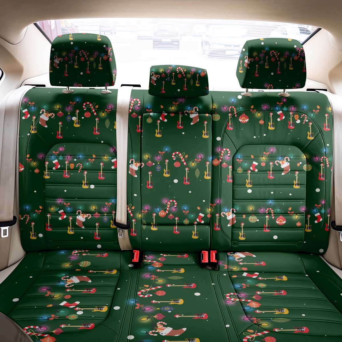 Ornaments on Green Snowy Background Back Car Seat Cover with Electric Guitars Santa Candy Canes - Wonder Print Shop