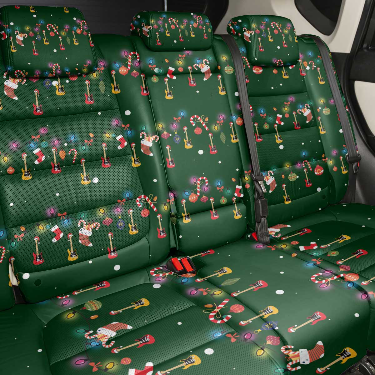 Ornaments on Green Snowy Background Back Car Seat Cover with Electric Guitars Santa Candy Canes - Wonder Print Shop