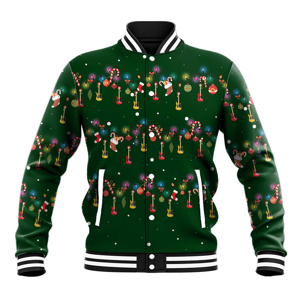 Ornaments on Green Snowy Background Baseball Jacket with Electric Guitars Santa Candy Canes - Wonder Print Shop