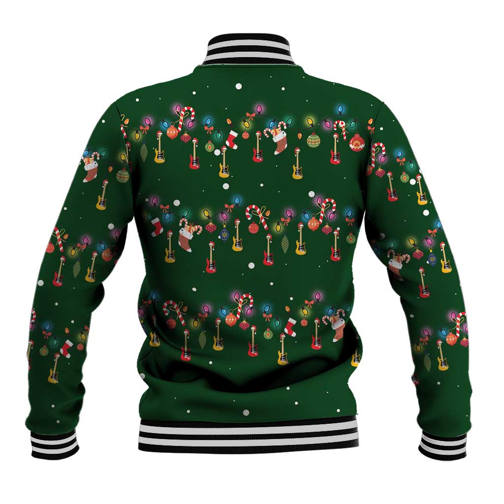 Ornaments on Green Snowy Background Baseball Jacket with Electric Guitars Santa Candy Canes - Wonder Print Shop