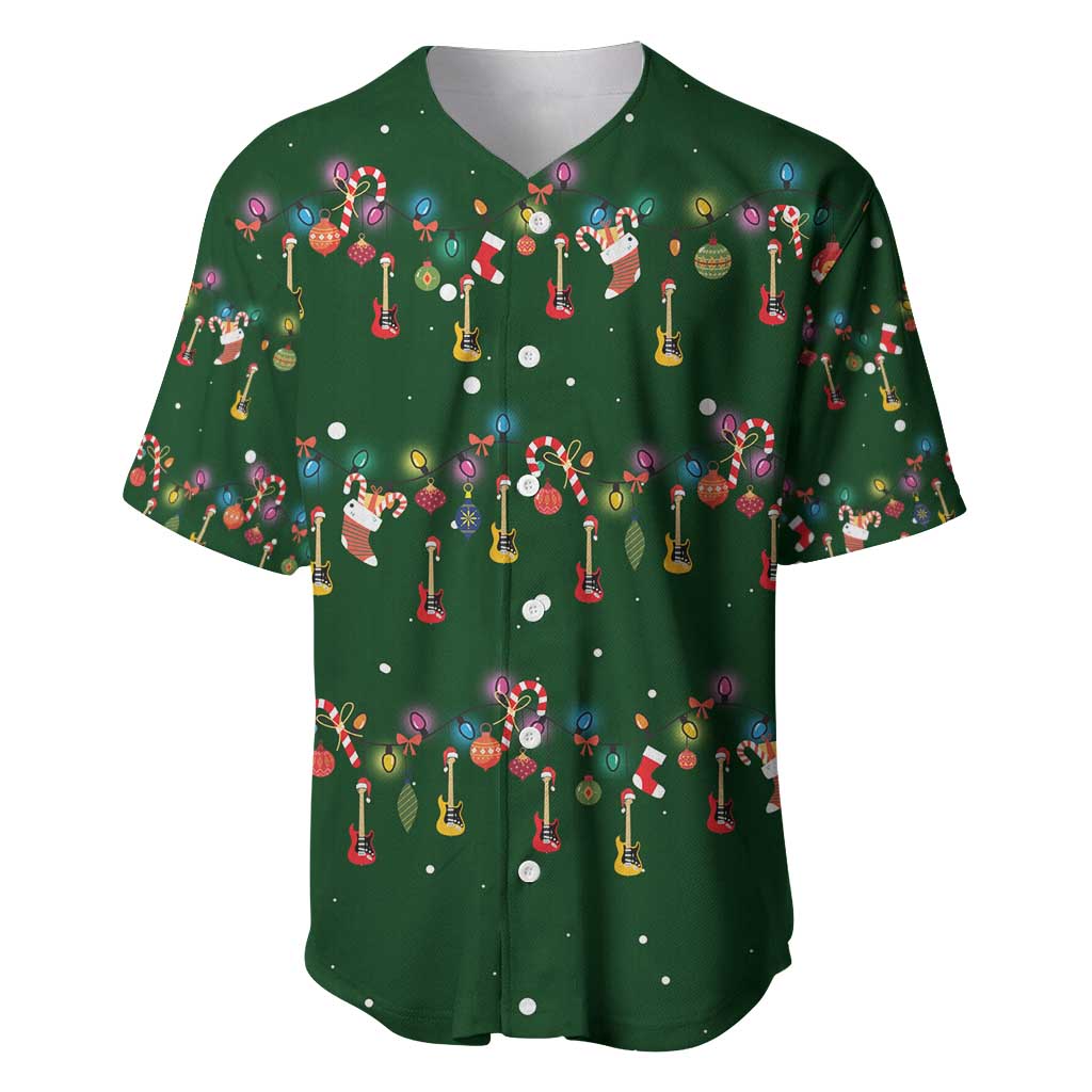 Ornaments on Green Snowy Background Baseball Jersey with Electric Guitars Santa Candy Canes - Wonder Print Shop