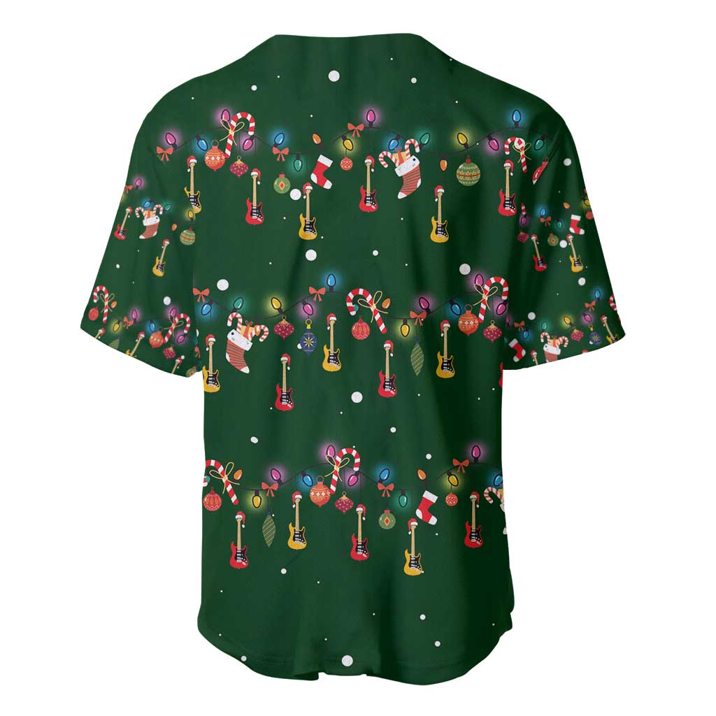 Ornaments on Green Snowy Background Baseball Jersey with Electric Guitars Santa Candy Canes - Wonder Print Shop