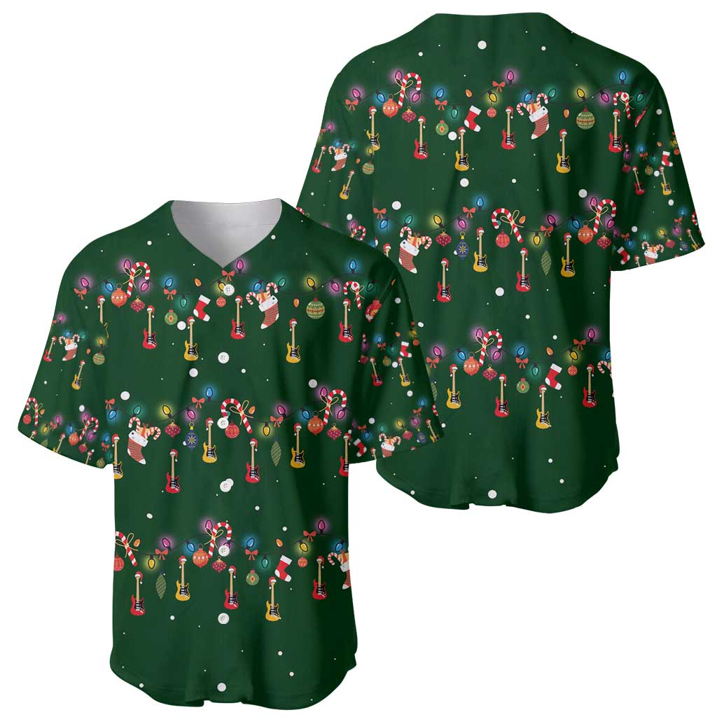 Ornaments on Green Snowy Background Baseball Jersey with Electric Guitars Santa Candy Canes - Wonder Print Shop