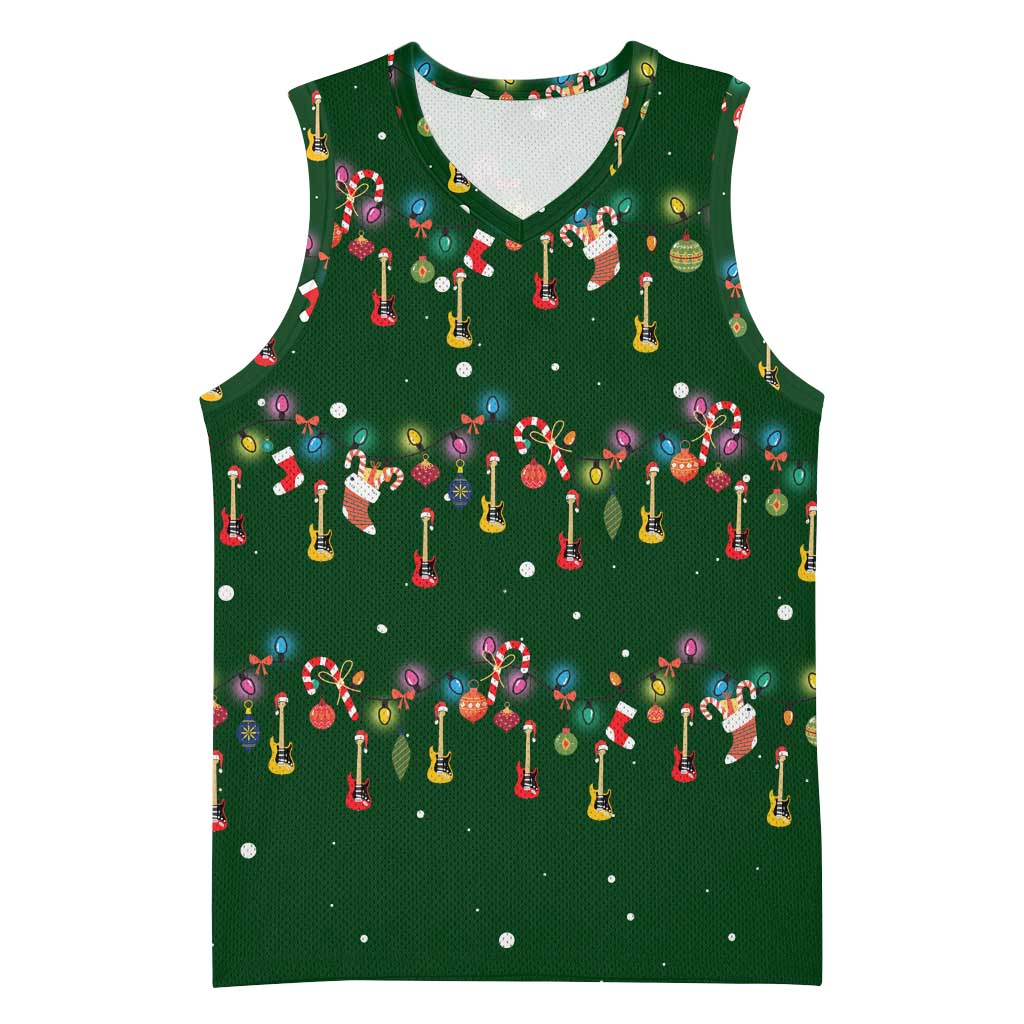 Ornaments on Green Snowy Background Basketball Jersey with Electric Guitars Santa Candy Canes - Wonder Print Shop