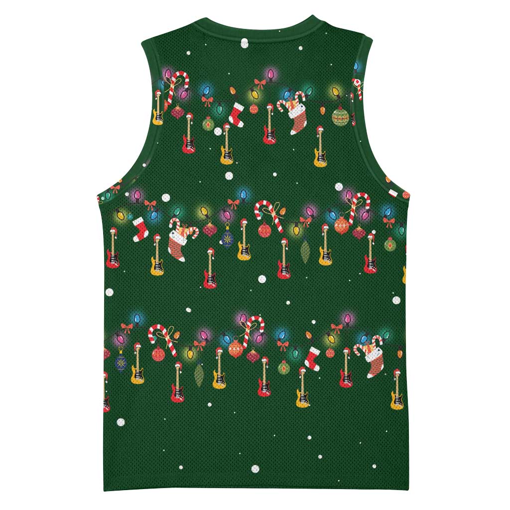 Ornaments on Green Snowy Background Basketball Jersey with Electric Guitars Santa Candy Canes - Wonder Print Shop