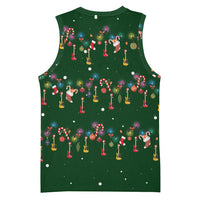 Ornaments on Green Snowy Background Basketball Jersey with Electric Guitars Santa Candy Canes - Wonder Print Shop