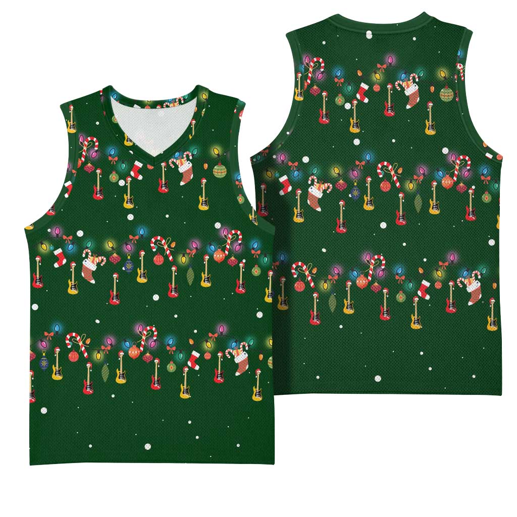 Ornaments on Green Snowy Background Basketball Jersey with Electric Guitars Santa Candy Canes - Wonder Print Shop