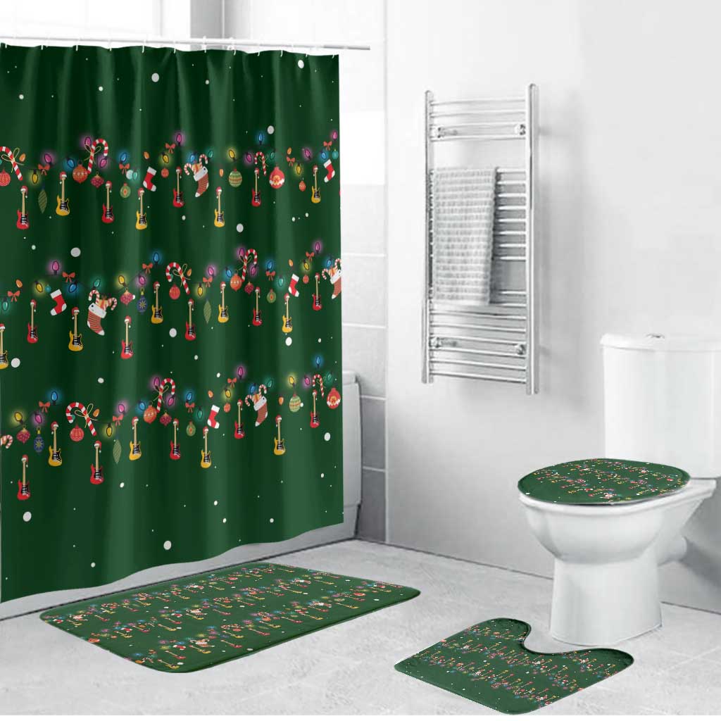 Ornaments on Green Snowy Background Bathroom Set with Electric Guitars Santa Candy Canes - Wonder Print Shop