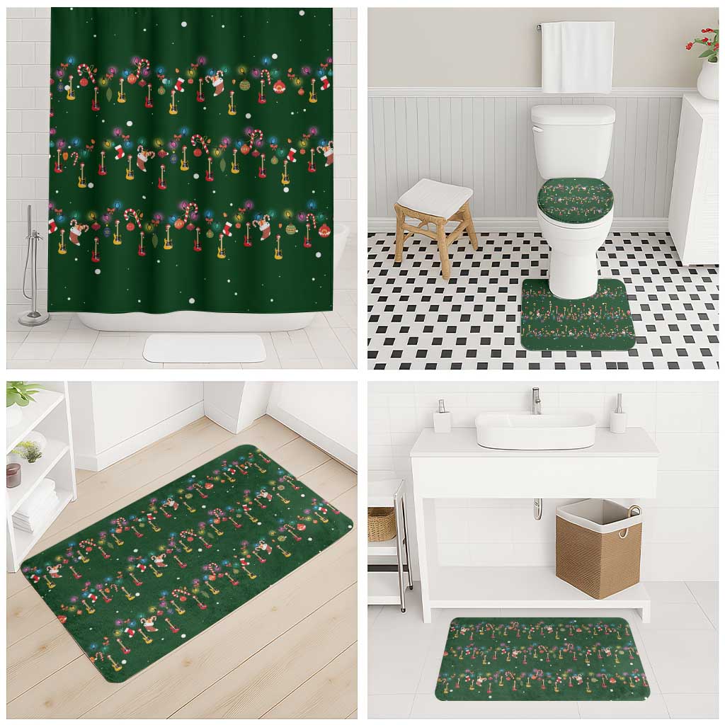 Ornaments on Green Snowy Background Bathroom Set with Electric Guitars Santa Candy Canes - Wonder Print Shop