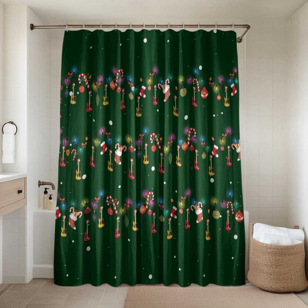 Ornaments on Green Snowy Background Bathroom Set with Electric Guitars Santa Candy Canes - Wonder Print Shop