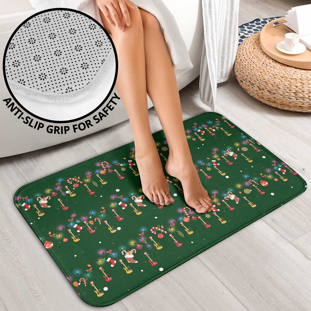 Ornaments on Green Snowy Background Bathroom Set with Electric Guitars Santa Candy Canes - Wonder Print Shop