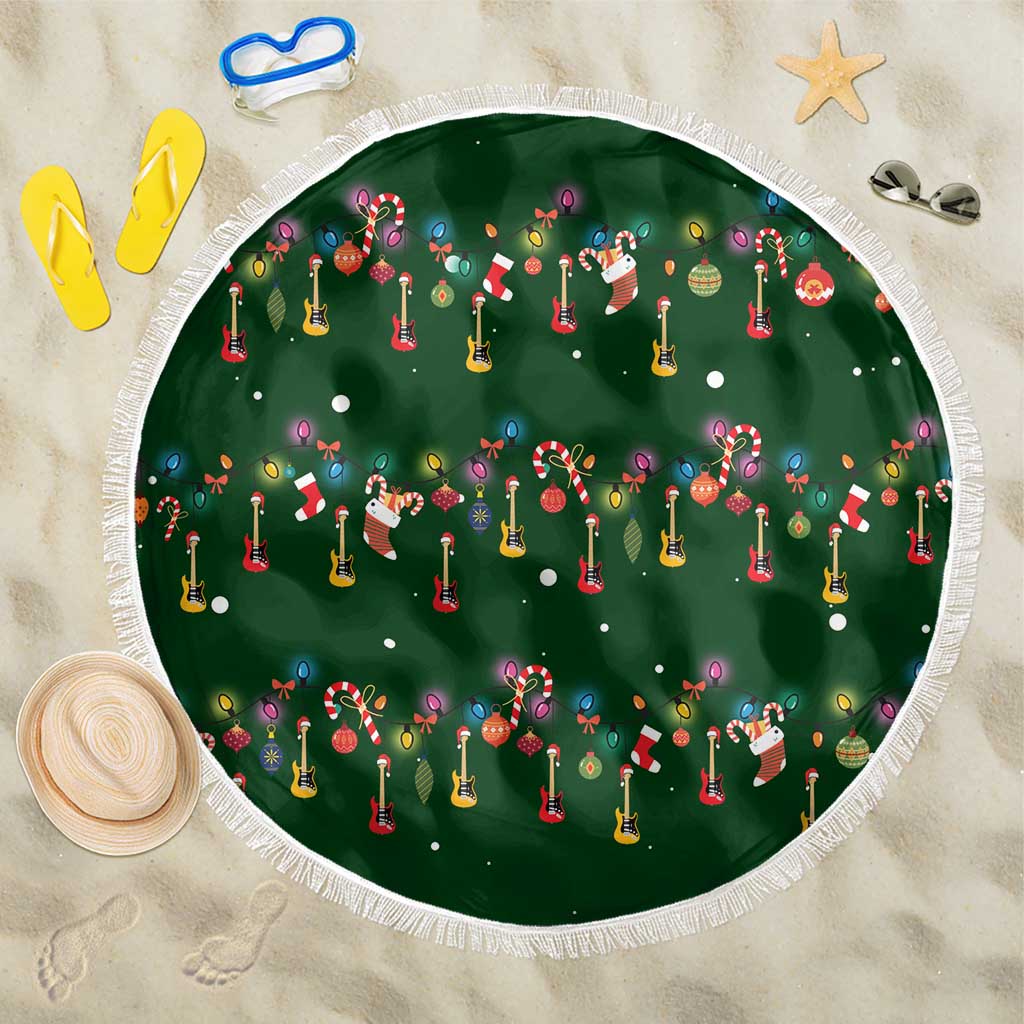 Ornaments on Green Snowy Background Beach Blanket with Electric Guitars Santa Candy Canes - Wonder Print Shop