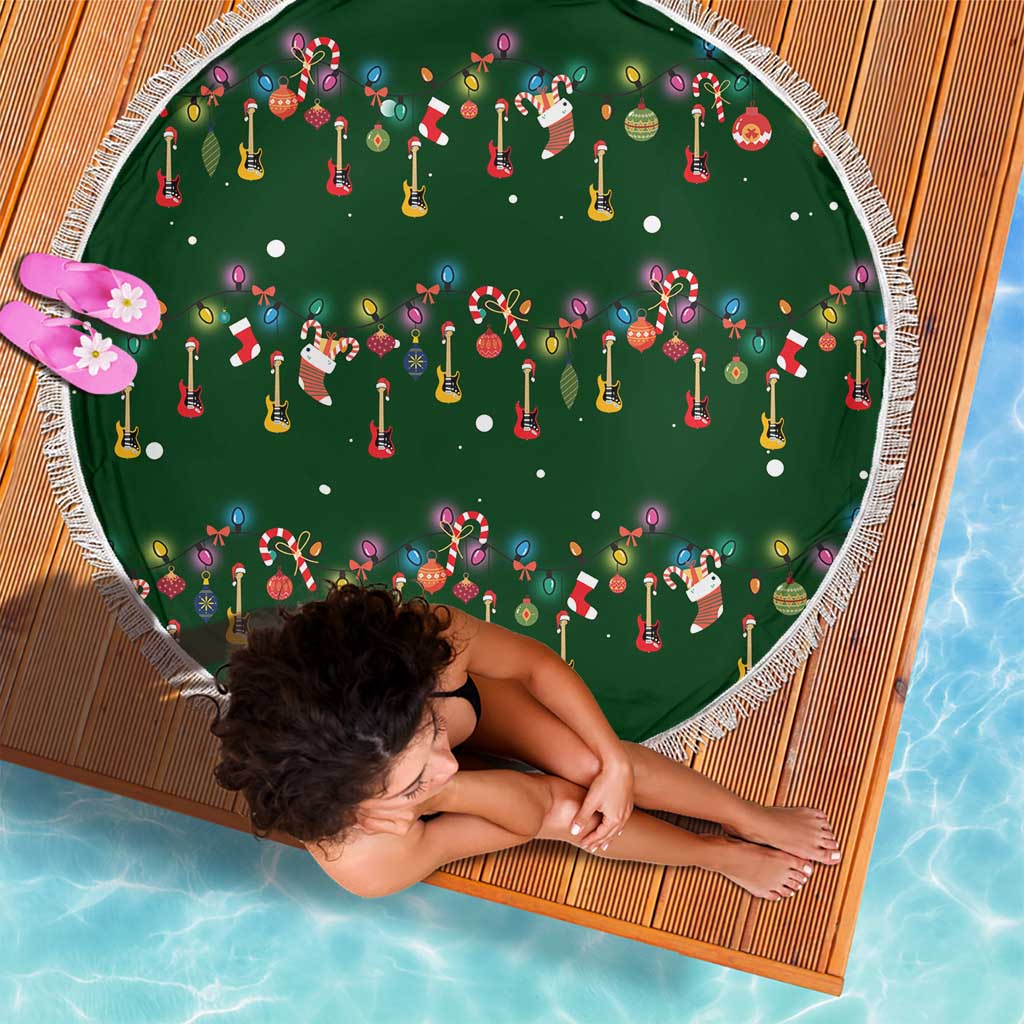 Ornaments on Green Snowy Background Beach Blanket with Electric Guitars Santa Candy Canes - Wonder Print Shop