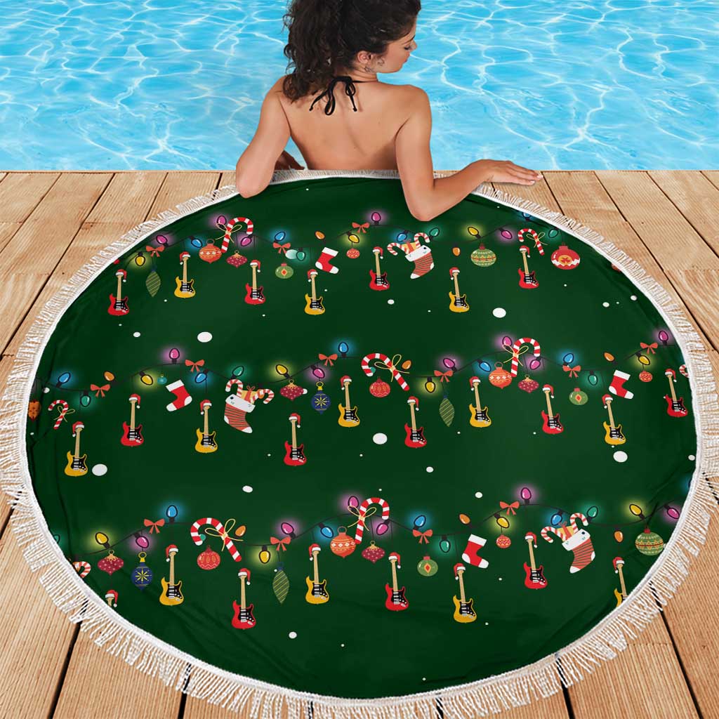 Ornaments on Green Snowy Background Beach Blanket with Electric Guitars Santa Candy Canes - Wonder Print Shop