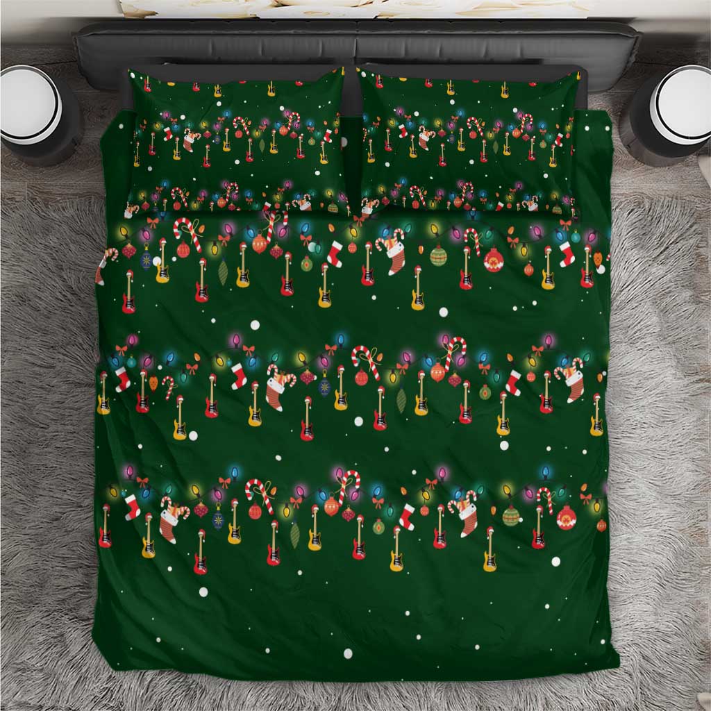 Ornaments on Green Snowy Background Bedding Set with Electric Guitars Santa Candy Canes - Wonder Print Shop