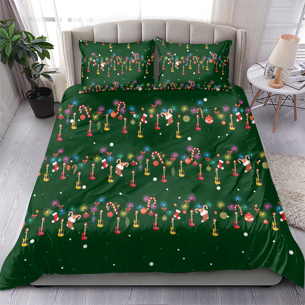 Ornaments on Green Snowy Background Bedding Set with Electric Guitars Santa Candy Canes - Wonder Print Shop