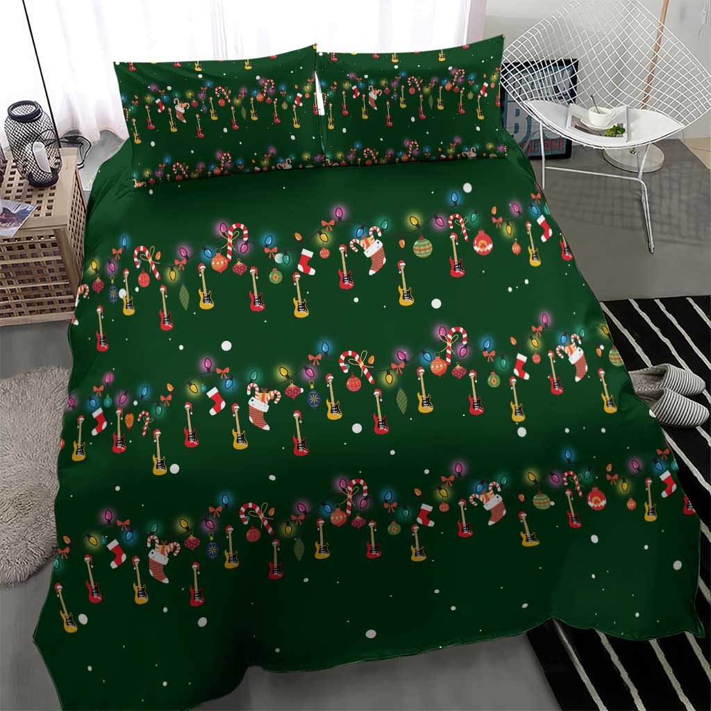 Ornaments on Green Snowy Background Bedding Set with Electric Guitars Santa Candy Canes - Wonder Print Shop