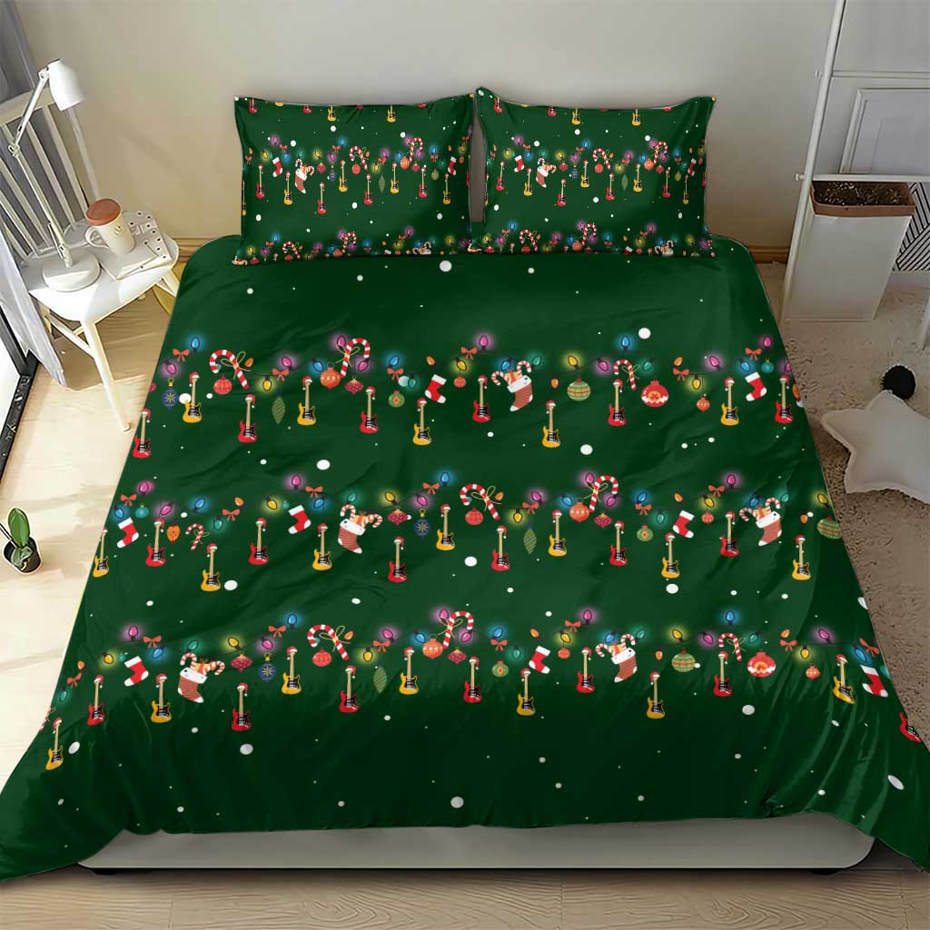 Ornaments on Green Snowy Background Bedding Set with Electric Guitars Santa Candy Canes - Wonder Print Shop