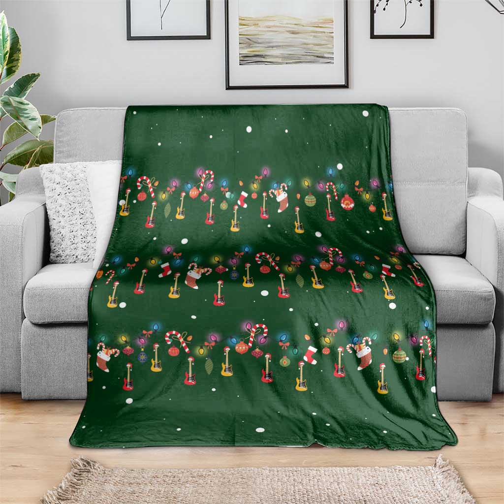 Ornaments on Green Snowy Background Blanket with Electric Guitars Santa Candy Canes - Wonder Print Shop