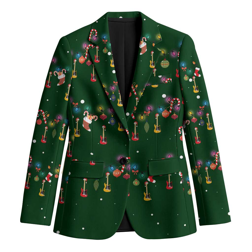 Ornaments on Green Snowy Background Blazer with Electric Guitars Santa Candy Canes - Wonder Print Shop