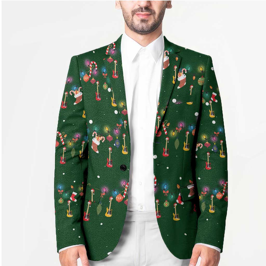 Ornaments on Green Snowy Background Blazer with Electric Guitars Santa Candy Canes - Wonder Print Shop