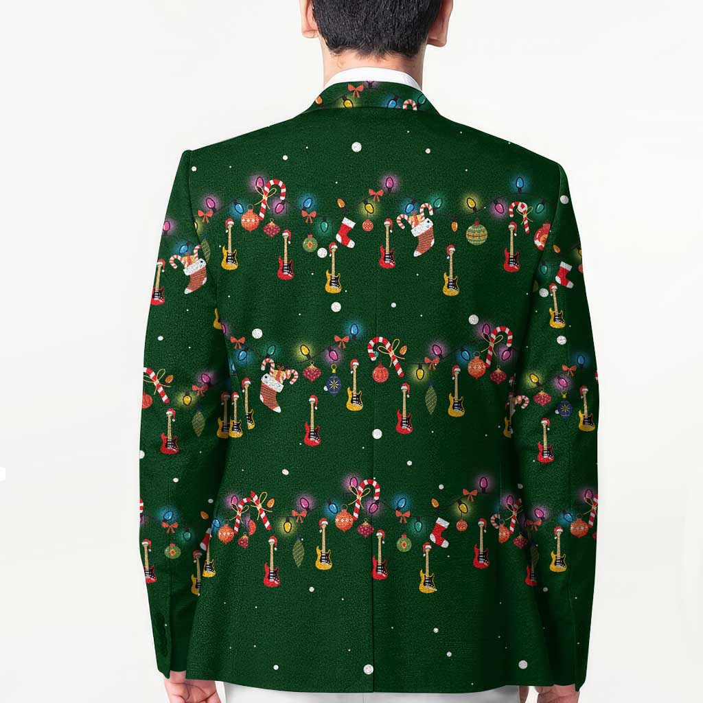Ornaments on Green Snowy Background Blazer with Electric Guitars Santa Candy Canes - Wonder Print Shop