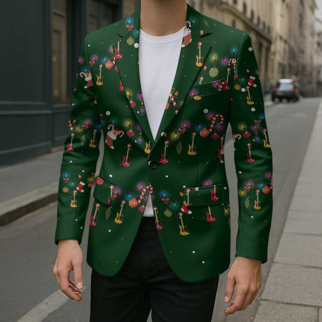 Ornaments on Green Snowy Background Blazer with Electric Guitars Santa Candy Canes - Wonder Print Shop