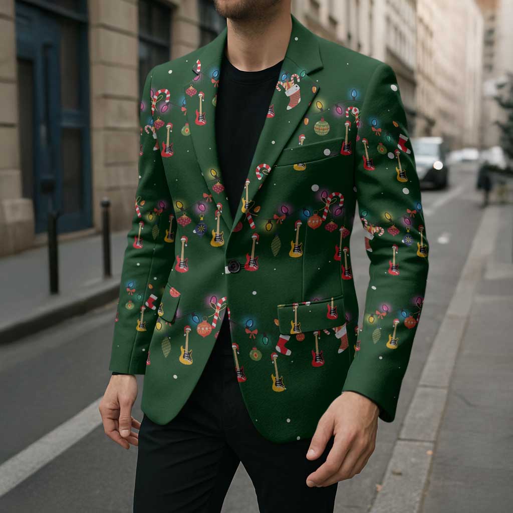 Ornaments on Green Snowy Background Blazer with Electric Guitars Santa Candy Canes - Wonder Print Shop