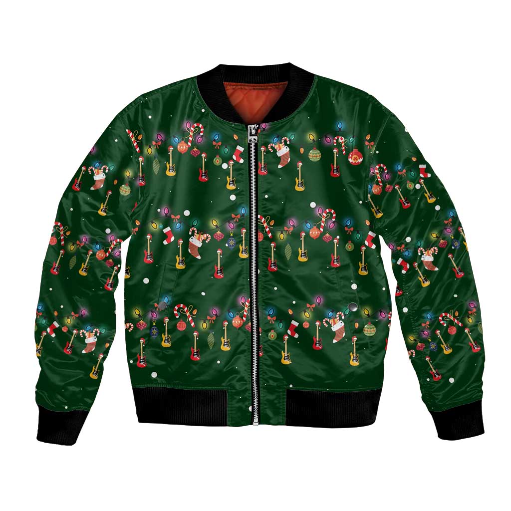 Ornaments on Green Snowy Background Bomber Jacket with Electric Guitars Santa Candy Canes - Wonder Print Shop
