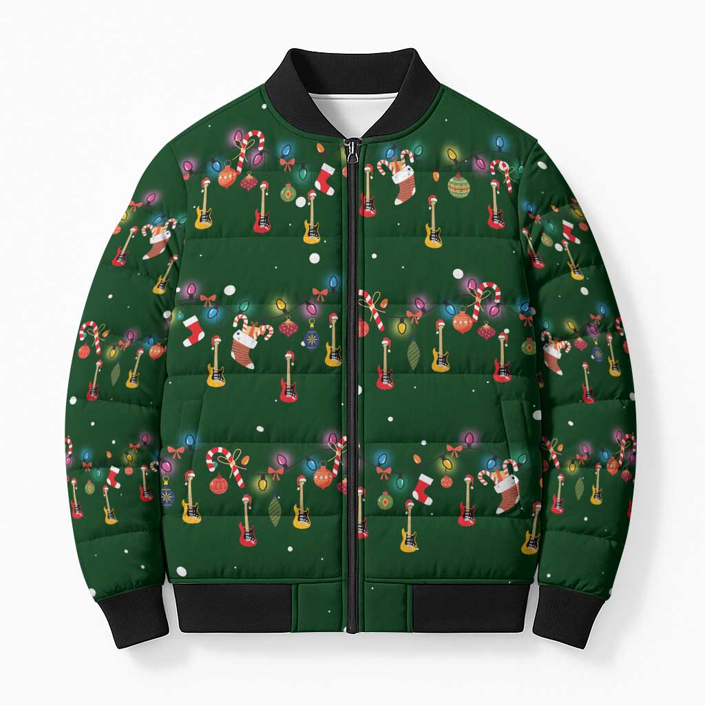 Ornaments on Green Snowy Background Bomber Puffer Jacket with Electric Guitars Santa Candy Canes - Wonder Print Shop