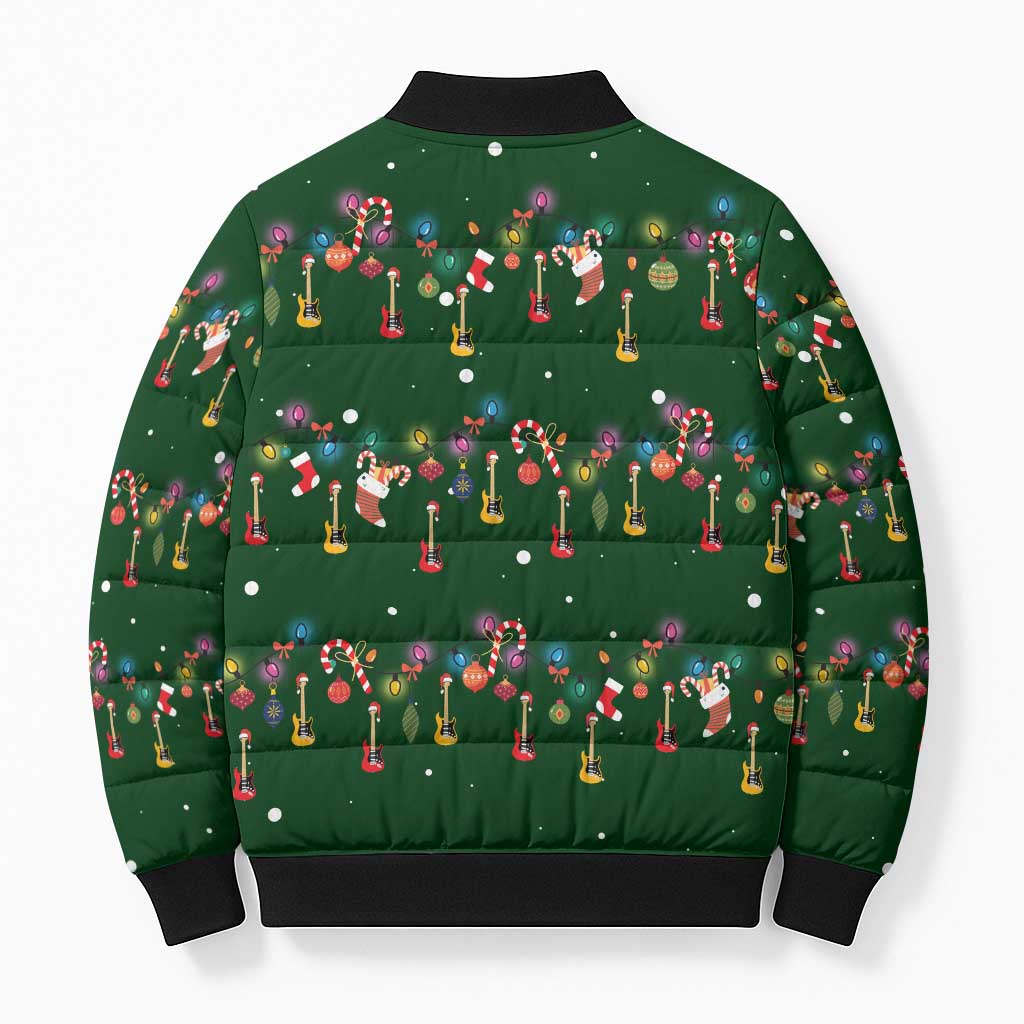 Ornaments on Green Snowy Background Bomber Puffer Jacket with Electric Guitars Santa Candy Canes - Wonder Print Shop