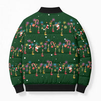 Ornaments on Green Snowy Background Bomber Puffer Jacket with Electric Guitars Santa Candy Canes - Wonder Print Shop