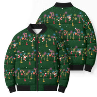 Ornaments on Green Snowy Background Bomber Puffer Jacket with Electric Guitars Santa Candy Canes - Wonder Print Shop